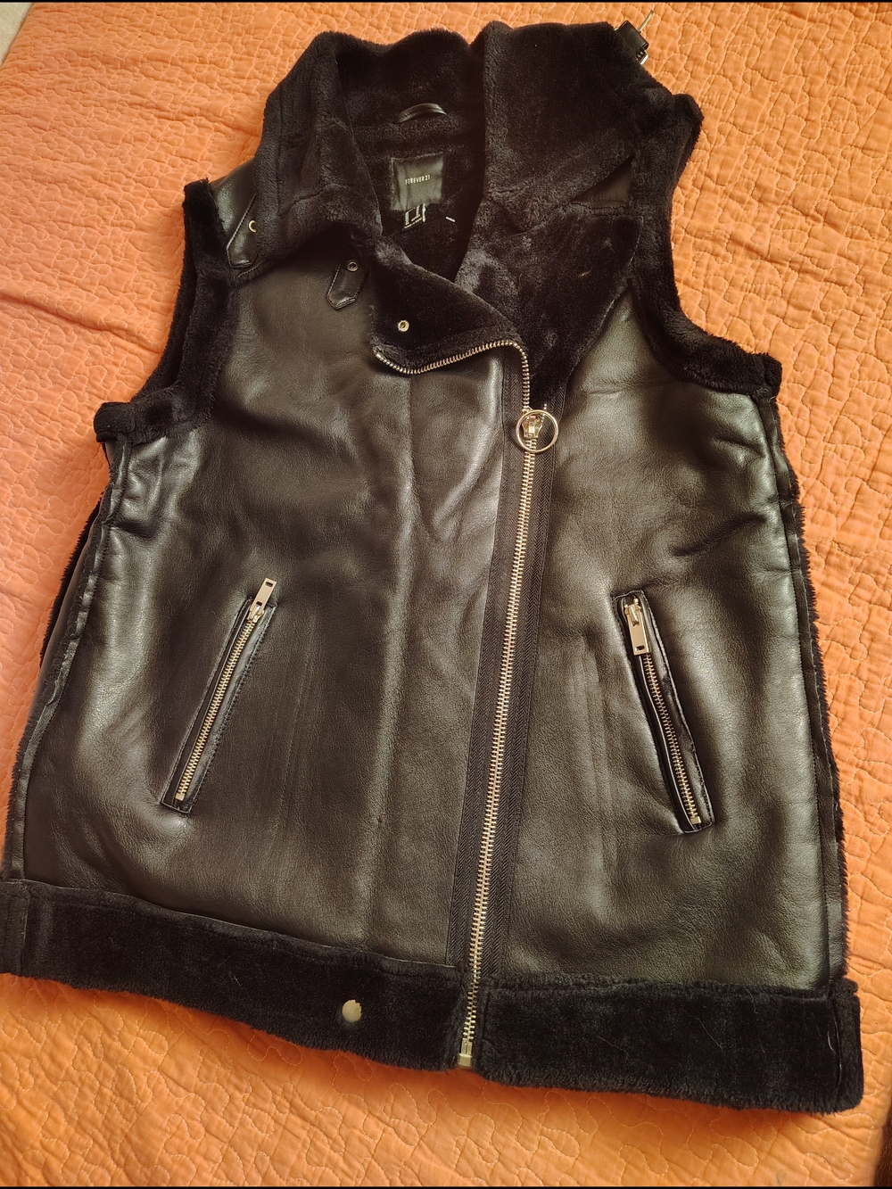 Forever 21 Black Faux Leather Shearling Moto Vest